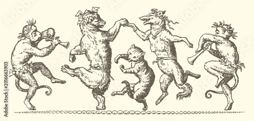 Φωτογραφία Anthropomorphic creatures dancing in a circle vintage sketch black and white old