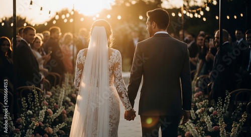 Bride and groom holding hands walking down aisle at sunset during wedding ceremony.