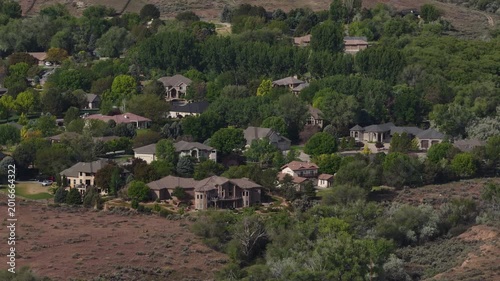 Aerial of luxury real estate in Grand Junction Colorado close up of homes in springtime