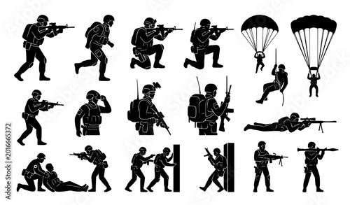 Photos Special forces combat silhouette icon set vector illustration isolated on white