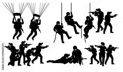 Foto Military tactical soldier action silhouettes vector illustration isolated on whi