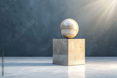 Minimalist geometric composition with marble cube and reflective sphere on concrete surface under sunlight