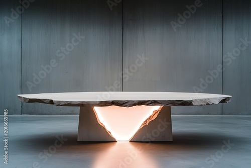Modern minimalist round table with illuminated geometric base in contemporary interior setting