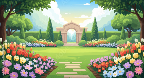 Vector illustration of a manicured landscape garden featuring a stone archway gate, green lawn, stepping stone path, and vibrant flower beds with tulips and daisies in bloom.