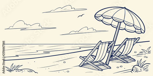 Quadro su tela beach scene with deck chairs and umbrella line drawing illustration
