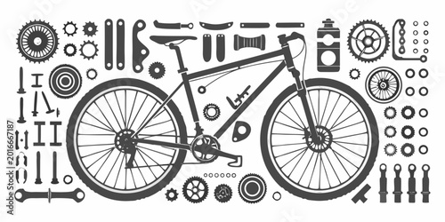 Photos bicycle parts diagram technical illustration with isolated components on white