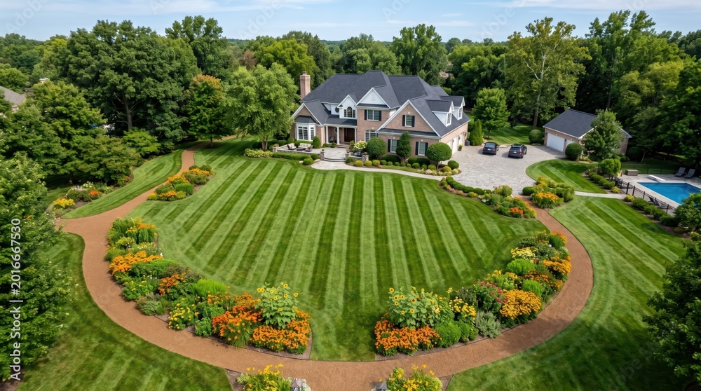 Obraz premium Large suburban mansion with circular striped lawn landscape