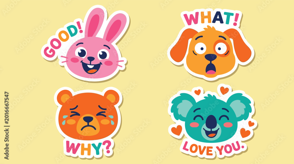 Obraz premium Set of Cute Animal Face Stickers with Expressive Emotions and Text Phrases for Children Messaging Apps and Creative Social Media Content Design