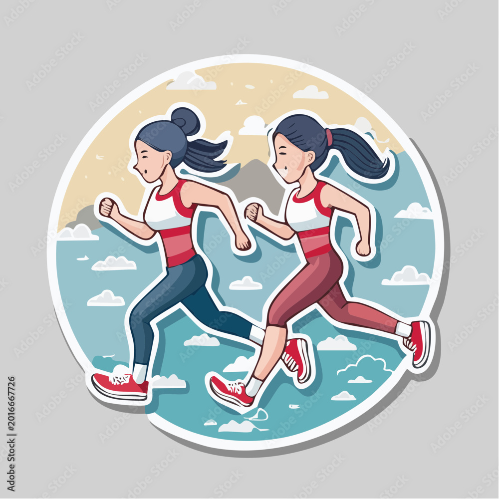 Obraz premium Two Women Running Together in a Cartoon Style