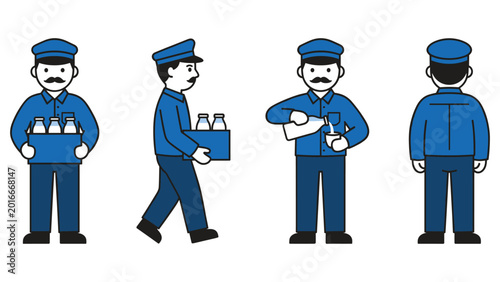 Fényképezés Milkman delivering milk bottles, carrying crates, pouring fresh milk into glass illustration