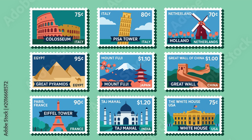 Vector Illustration Set of World Travel Stamps Featuring Famous Landmarks and Iconic Destinations for Global Tourism and Postal Concepts