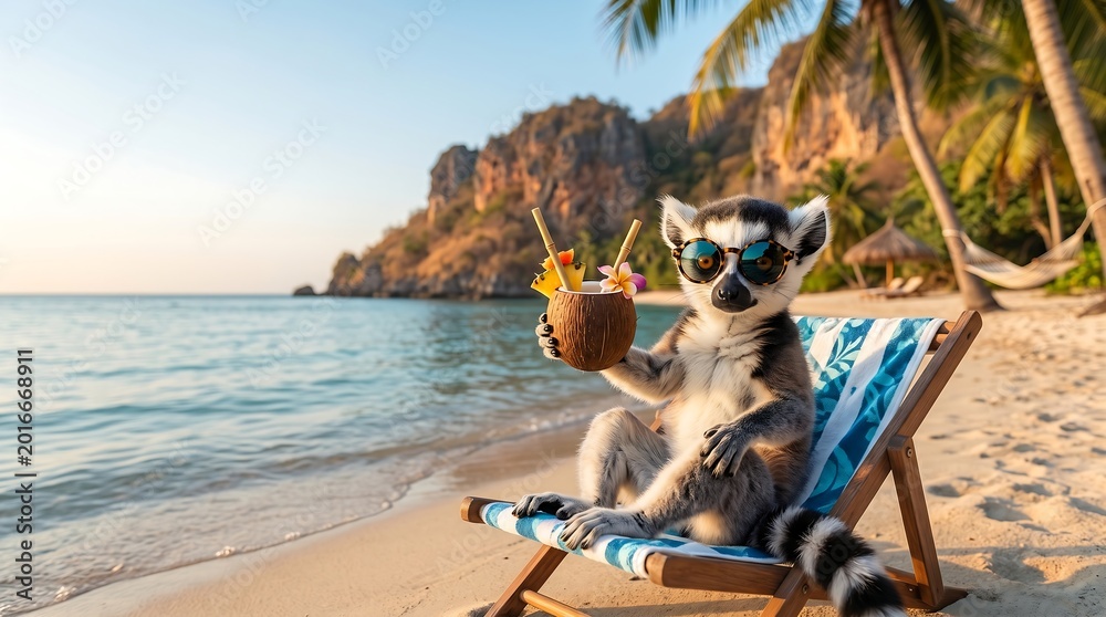 Fototapeta premium Funny lemur drinking coconut cocktail on tropical summer beach