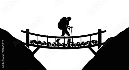 Schilderij op canvas Silhouette of Backpacker Hiking on Suspension Bridge at Sunset