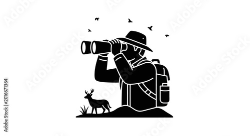 Fotografie Silhouette of Wildlife Photographer with Binoculars and Deer