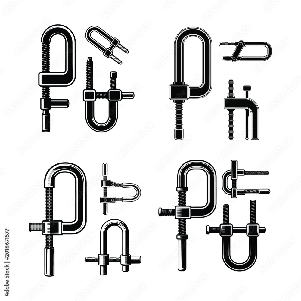 Fototapeta premium Adjustable Metal Clamp Vector Icon Set for Carpenter and Mechanical Tools Collection