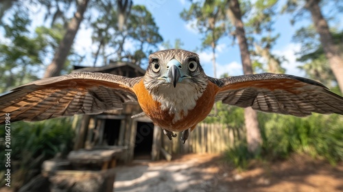 Bird of prey in flight near wooden structure