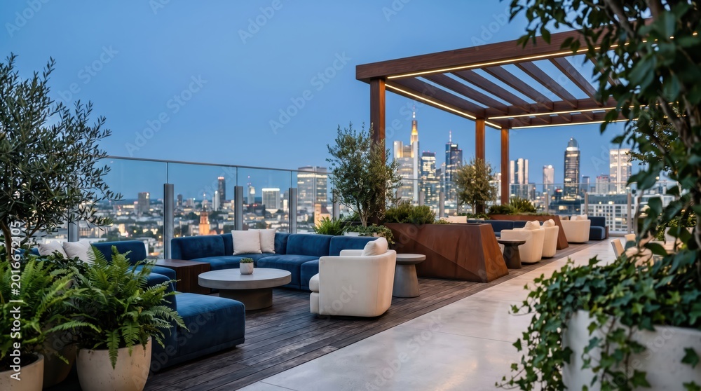 Obraz premium Rooftop lounge seating overlooking city skyline at dusk