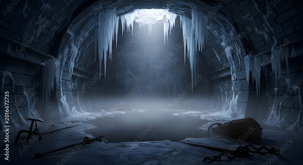 Obraz premium An ancient frozen chamber with icicles hanging from the ceiling and mist on the floor.
