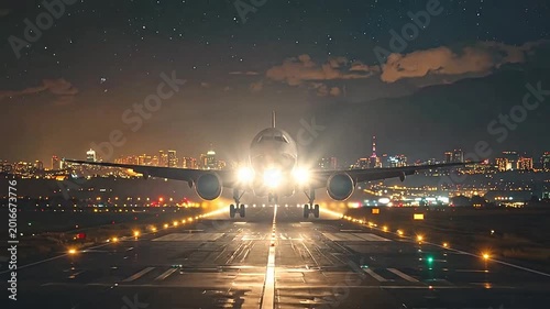 A commercial airplane landing on a runway at night with city lights in the background