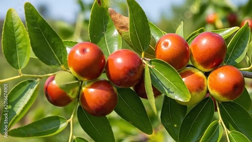 A close up view of ripe red fruits growing on a green tree branch