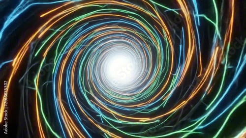 A swirling vortex of blue green and orange lines converging on a bright white center