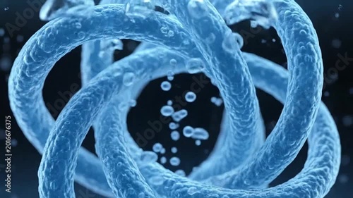 A complex blue abstract knot structure submerged in clear liquid with rising bubbles