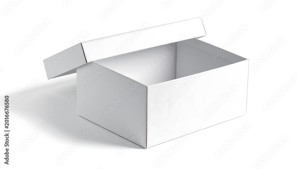 Naklejka premium A stark white, rectangular box with the lid slightly ajar, casting a shadow below. Clean lines and smooth surface
