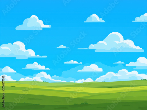 Vibrant green meadow under bright blue sky filled with fluffy white clouds creates serene and peaceful atmosphere. This picturesque landscape evokes feelings of tranquility and joy