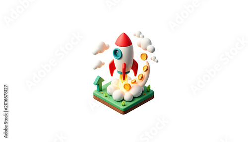 3D illustration of a rocket launching from a green platform with coins and clouds transparent background