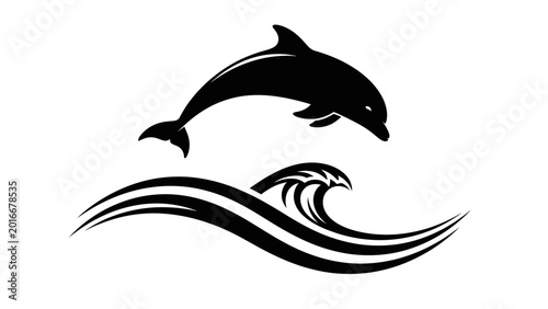 Fotografie Black dolphin jumping out water.