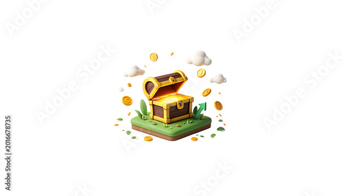 Golden treasure chest with coins and clouds on green grass  isolated on transparent background transparent background