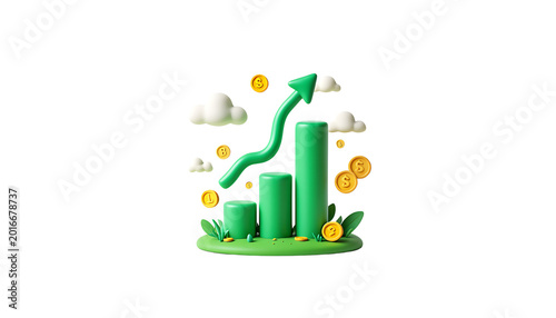 Green bar chart with arrow and coins on green grass with clouds  business growth concept transparent background