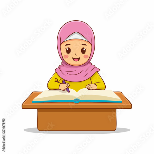 Young Muslim Girl Studying and Writing in a Book