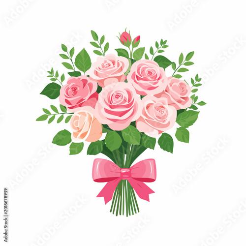 Bouquet of Pink Roses with Green Leaves and Pink Bow