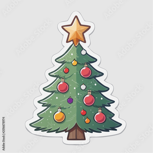 Cartoon Christmas Tree with Ornaments and Star