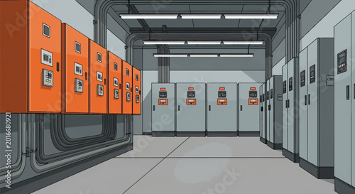 Industrial electrical control room illustration featuring rows of orange and grey power distribution panels, high voltage switchgear cabinets, conduit wiring, and overhead lighting.