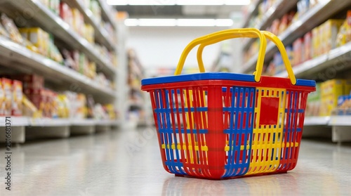 Shopping basket in supermarket aisle vector illustration