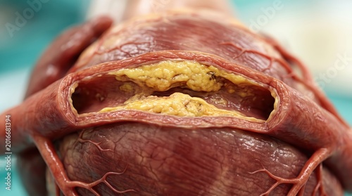 Close up of arterial plaque buildup in human heart surgical specimen