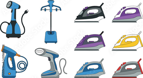 Foto Home Appliance Collection with Steamers and Electric Irons Household Vector Illu
