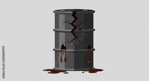 Εκτύπωση καμβά Cracked oil barrel leaking dark liquid on gray background