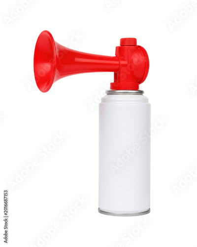 Photography Red air horn attached to a white aerosol can isolated on a clean background, eme