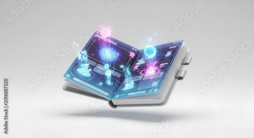 Open book with glowing digital elements