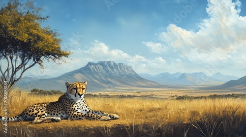 Magnificent cheetah lounging majestically in a serene african landscape painting
