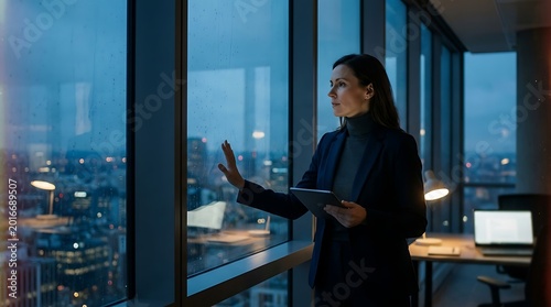 professional woman gesturing during evening cityscape meeting from modern office