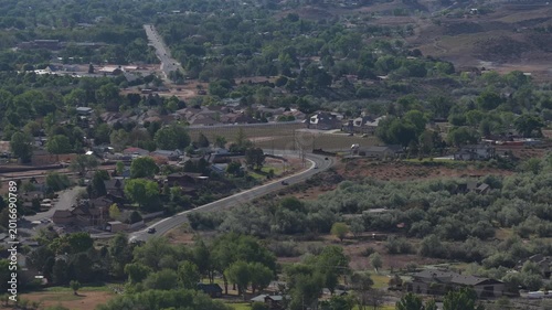 Aerial close up of neighborhoods and roads in Grand Junction Colorado in spring