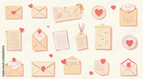 A charming collection of love letters, envelopes, and notes adorned with red hearts.