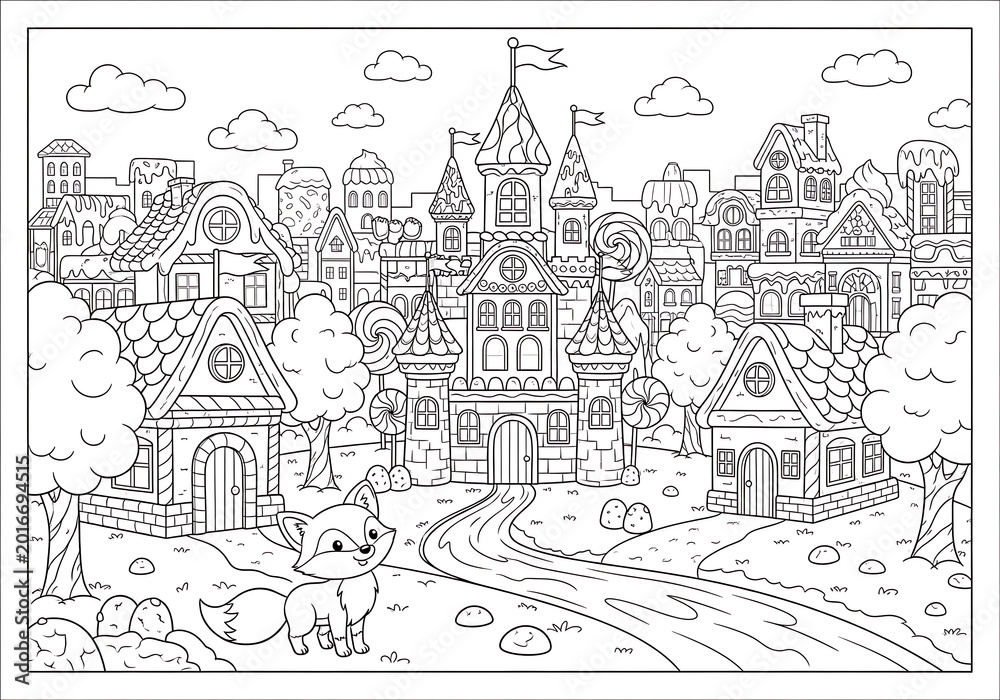 Naklejka premium Cute Fox in a Candy Land Village Coloring Page for Kids