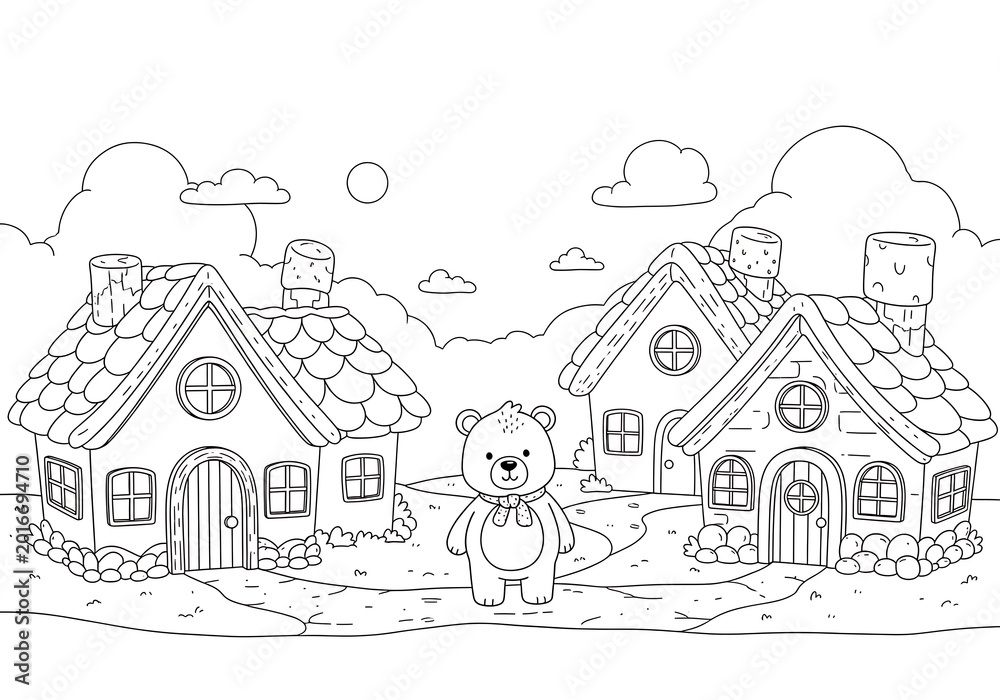 Obraz premium Cute Bear and Houses Coloring Page for Kids