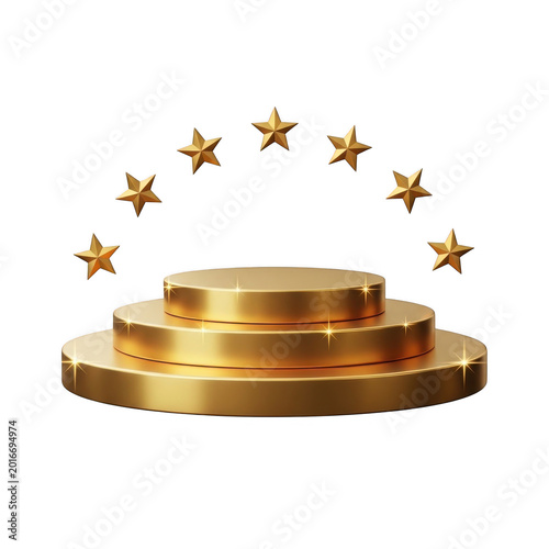 Golden winner pedestal with three tiers and floating stars for achievement award ceremony.