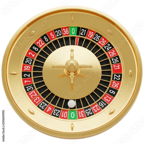 Golden roulette wheel top view with white ball for casino gambling games of chance luxury.